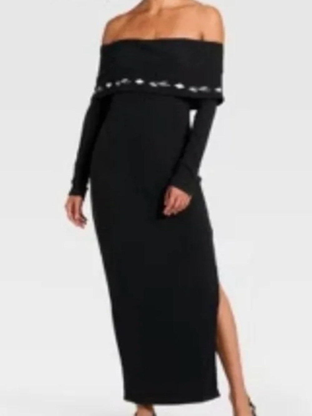 Off-Shoulder Black Maxi Dress with Side Slit.  Target Latino Heritage Month
